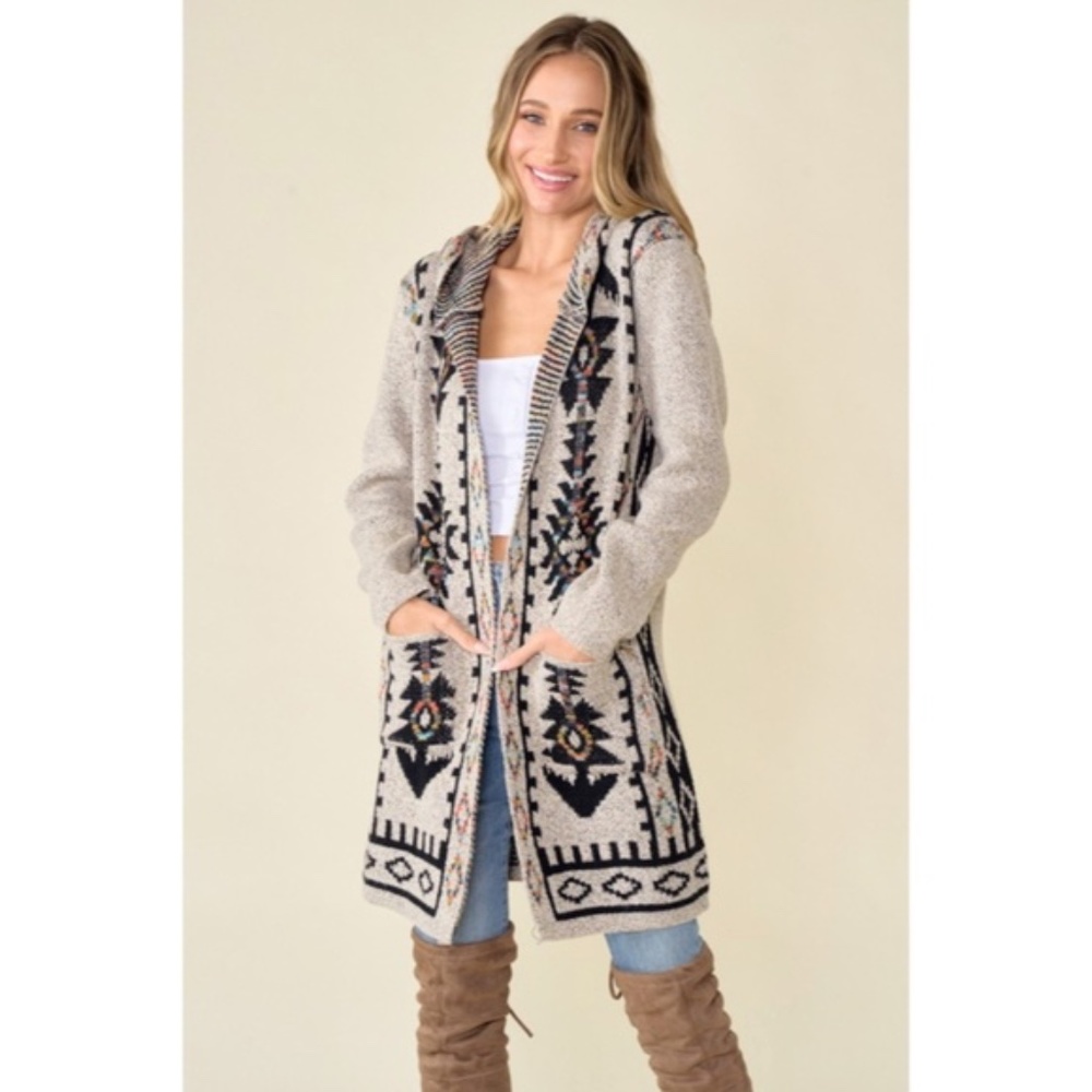 Oatmeal Aztec Rainbow Western Hooded Knit Cardigan Long Sleeve Open Sweater - Picture 9 of 14